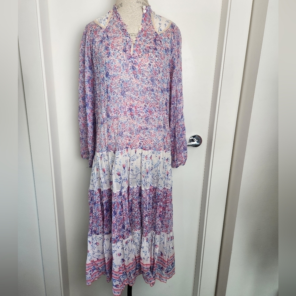 Vintage Gauze Cotton Indian Block Print Maxi Dress with Silk Trim